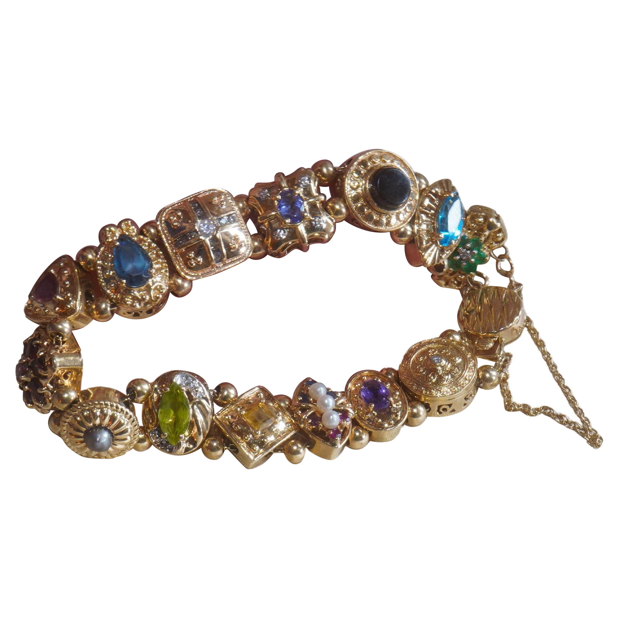 14K Sapphire Ruby Emerald Diamond Slide Bracelet Vintage Pearl Topaz 9.22 Carats