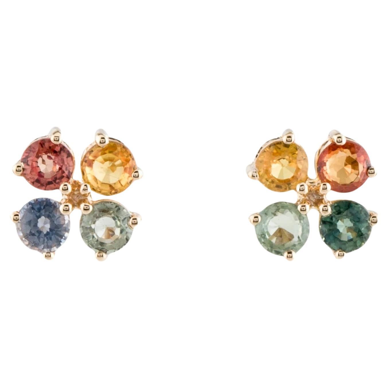 14K Sapphire Stud Earrings  Vibrant Round Faceted Gemstones Designer Signature