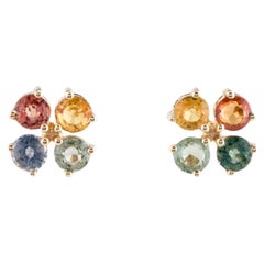 14K Sapphire Stud Earrings  Vibrant Round Faceted Gemstones Designer Signature