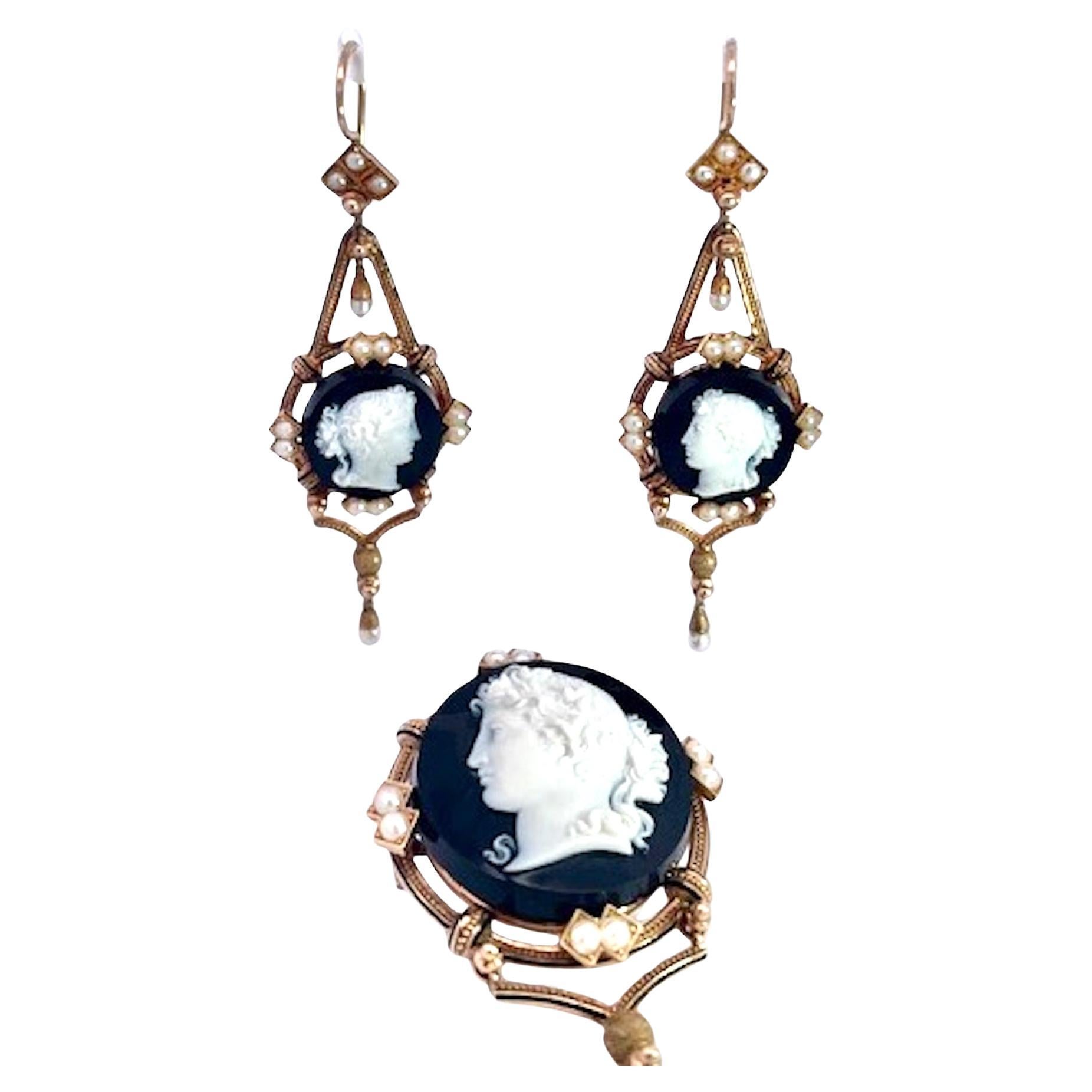 14K Sardonyx Cameo Split Pearl Brooch and matching Earrings