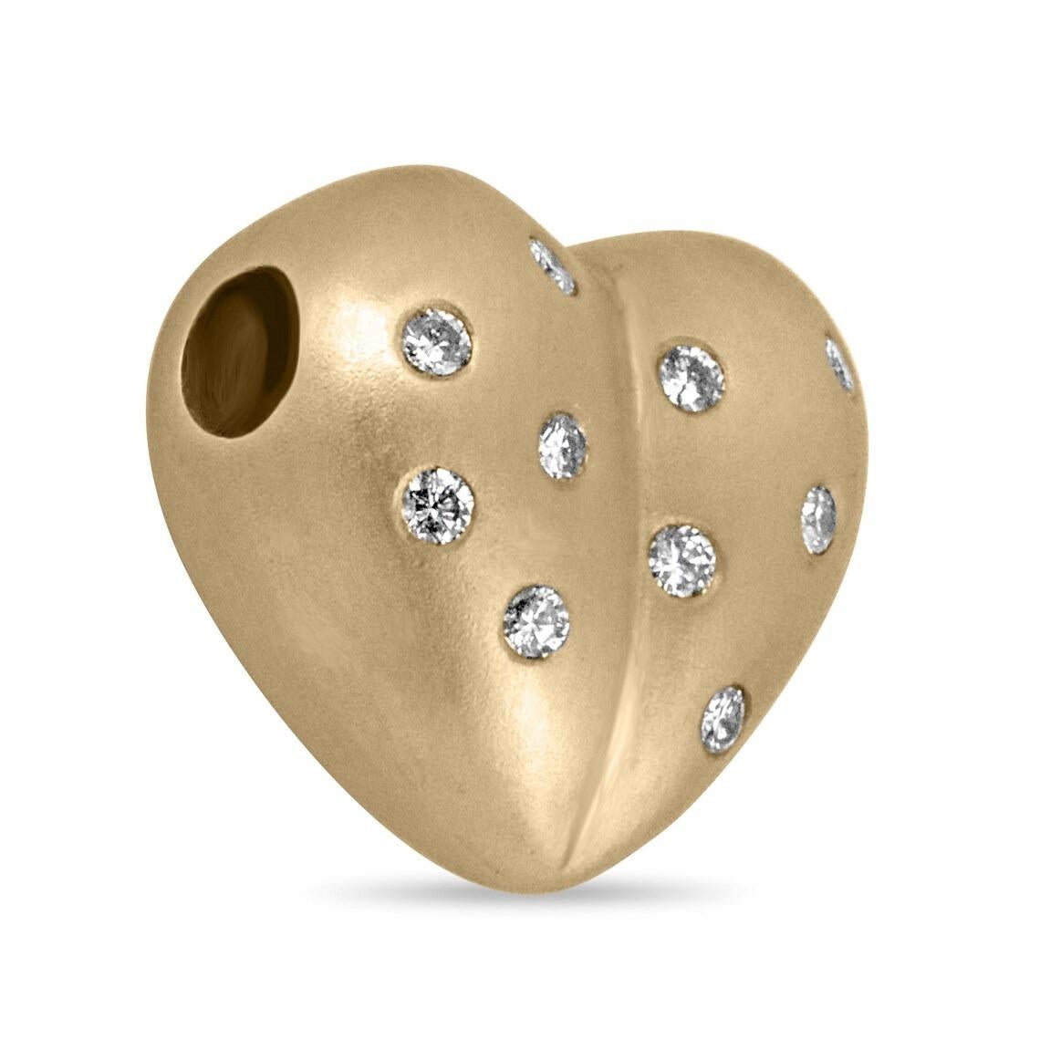 Elegantly displayed is a gorgeous, puffy, diamond heart pendant that is one of a kind. The entirety of the piece is quite exquisite as diamonds are bezel set in the very center of the heart. Ten diamonds light up the whole pendant and face up white