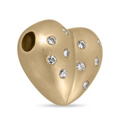 14K Satin Gold Finish 3D Heart Shaped Slider Pendant w Round Bezel Set Diamond