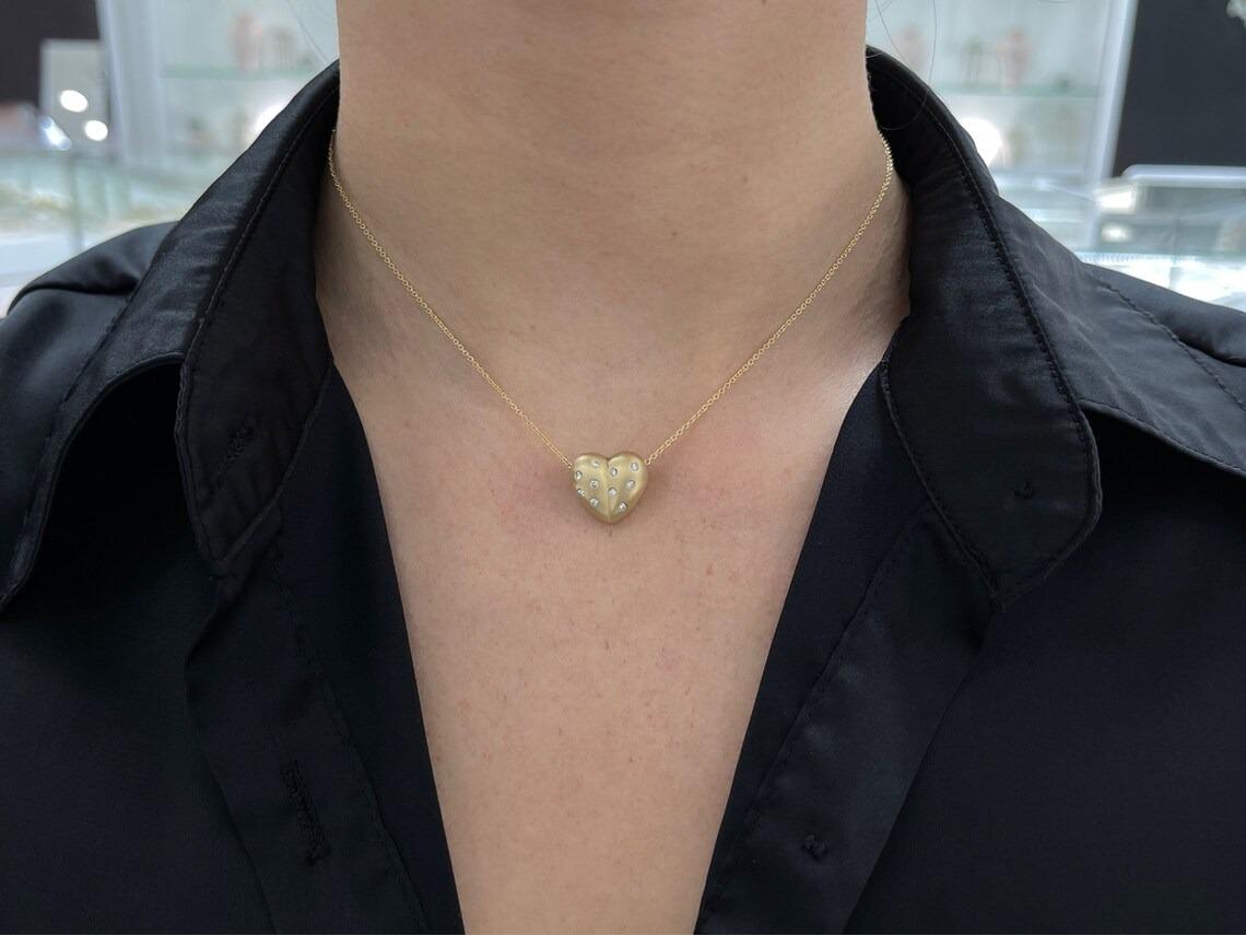 Modern 14K Satin Gold Finish 3D Heart Shaped Slider Pendant w Round Bezel Set Diamond For Sale