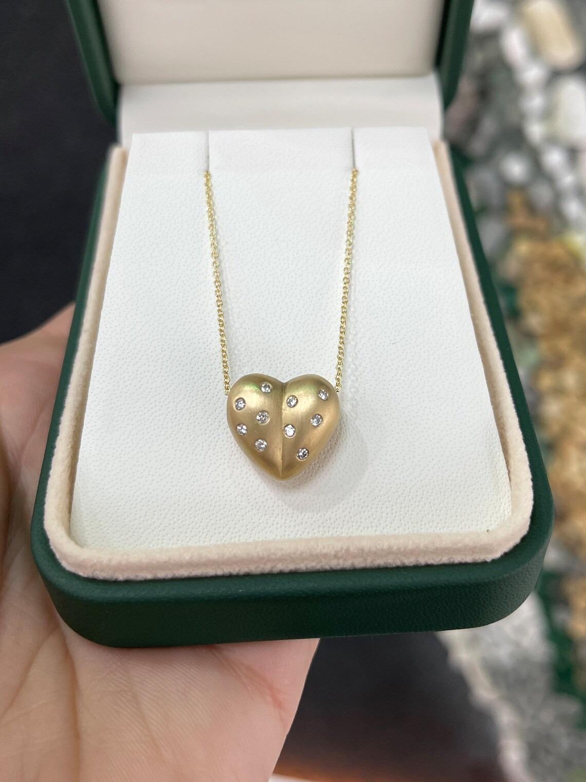 14K Satin Gold Finish 3D Heart Shaped Slider Pendant w Round Bezel Set Diamond In New Condition For Sale In Jupiter, FL