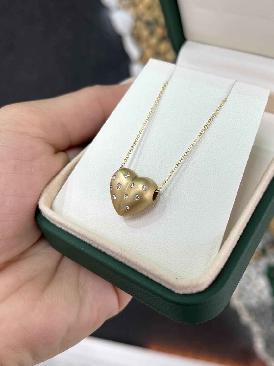 Women's 14K Satin Gold Finish 3D Heart Shaped Slider Pendant w Round Bezel Set Diamond For Sale