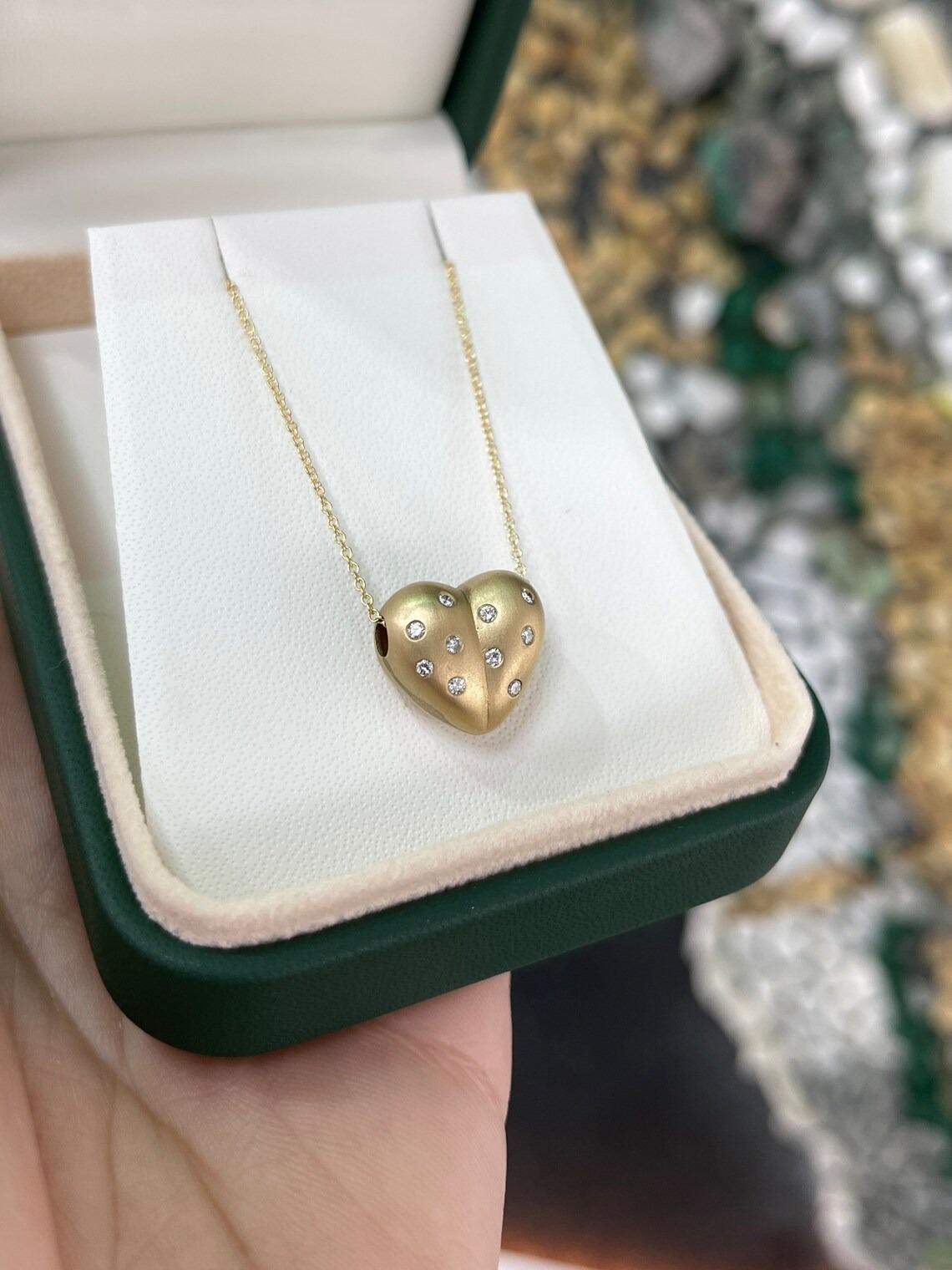 14K Satin Gold Finish 3D Heart Shaped Slider Pendant w Round Bezel Set Diamond For Sale 1