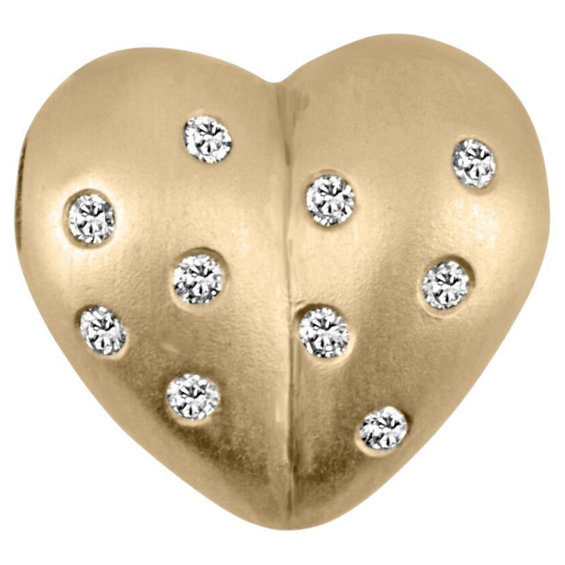 14K Satin Gold Finish 3D Heart Shaped Slider Pendant w Round Bezel Set Diamond For Sale