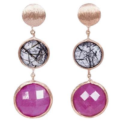 14k Satin Rose Gold Drop Earrings with Black Rutilated Quartz and Ruby Root For Sale