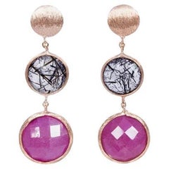 14k Satin Rose Gold Drop Earrings with Black Rutilated Quartz and Ruby Root