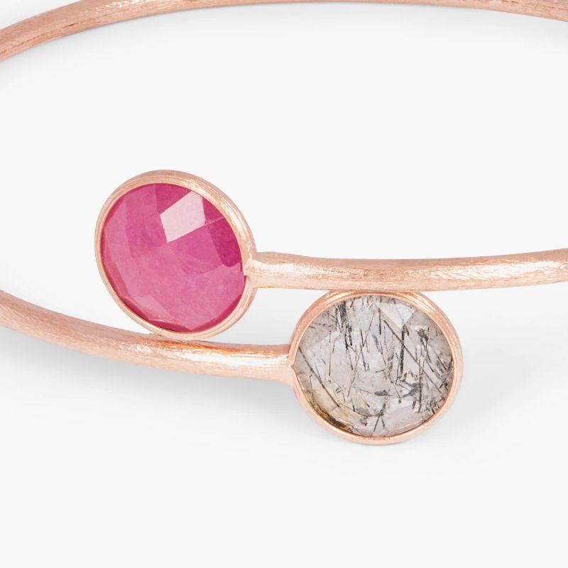 14K Satin Rose Gold Kensington Bangle with Black Rutilated Quartz and Ruby Root In New Condition For Sale In Fulham business exchange, London