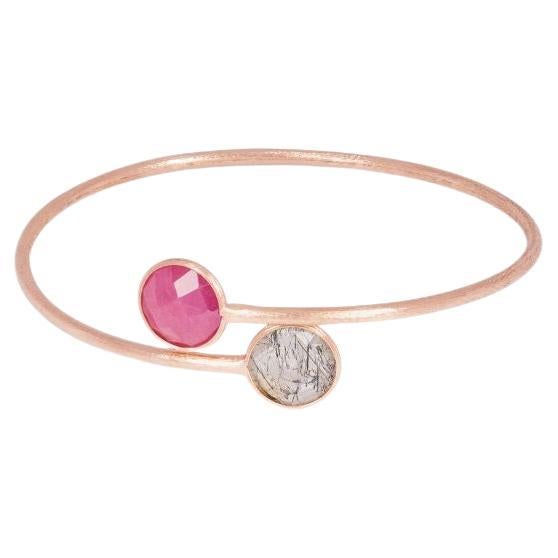 14K Satin Rose Gold Kensington Bangle with Black Rutilated Quartz and Ruby Root For Sale