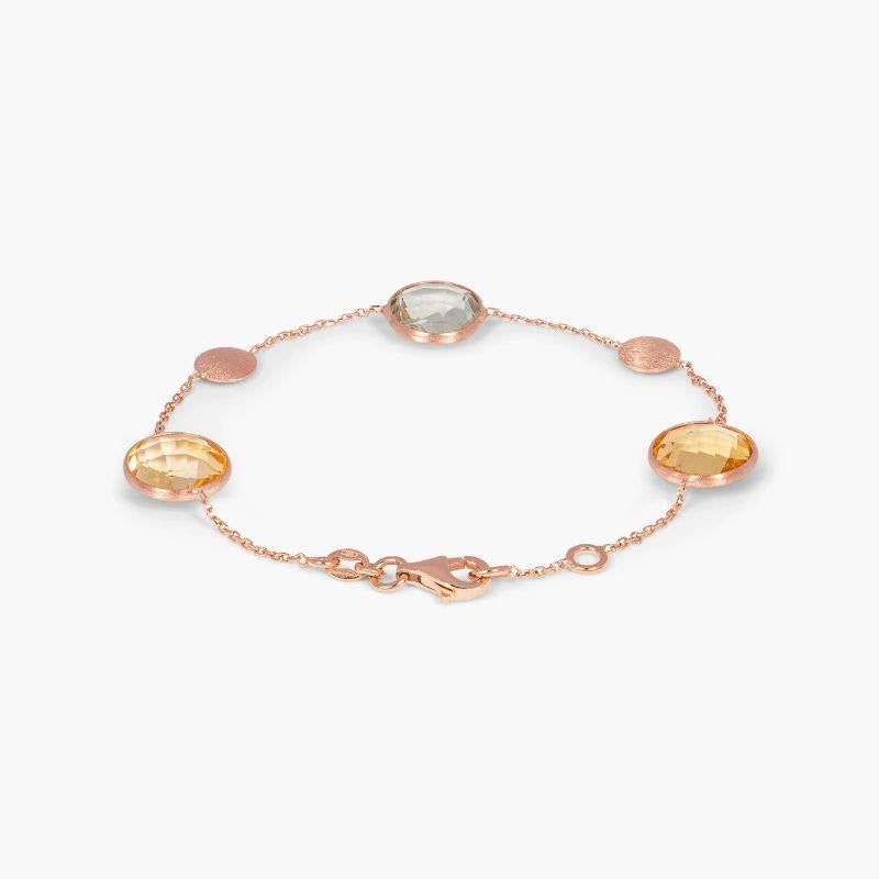 14K satin rose gold Kensington bracelet with citrine and prasiolite

Elegant and classic, the Kensington collection has different colour combinations of faceted semi-precious stones set within a 14K rose gold satin finish bezel setting. There are