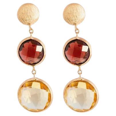 14k Satin Rose Gold Kensington Double Drop Earrings with Garnet and Citrine For Sale