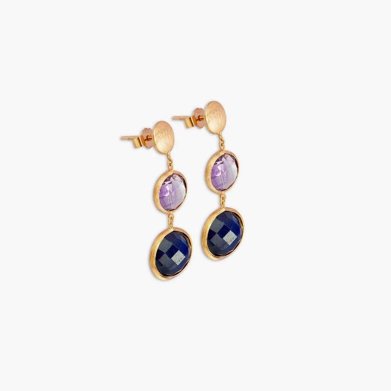 14K satin rose gold Kensington double drop earrings with sapphire and amethyst

These drop earrings feature two faceted stones that dangle from a short-chain. Each stone is bezel set and holds a unique meaning, with sapphire being the stone of joy