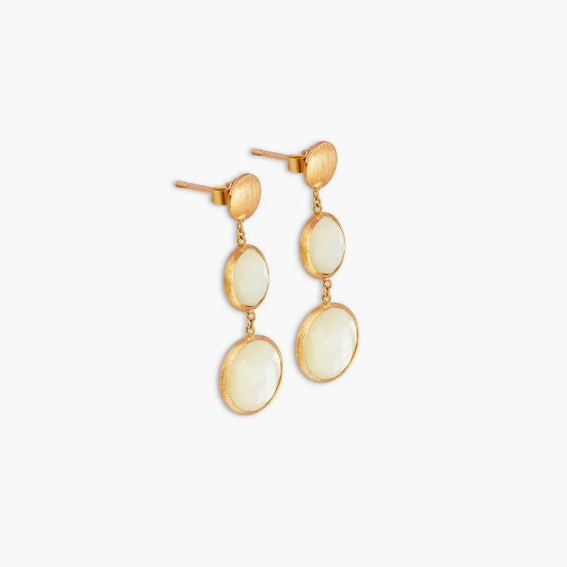 14K satin rose gold Kensington double drop earrings with white mother of pearl

These drop earrings feature two faceted stones that dangle from a short-chain. Each stone is bezel set and holds a unique meaning, with mother of pearl being the stone