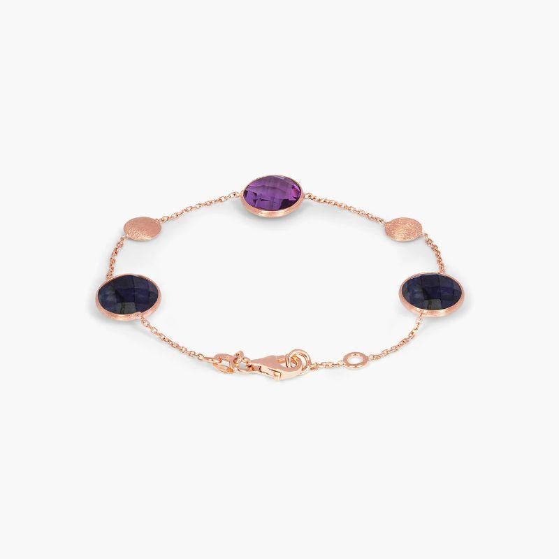 14k satin rose gold Kensington double stone bracelet in sapphire and amethyst

This bracelet features two faceted stones set on a delicate chain. Each stone is bezel set and holds a unique meaning, with sapphire being the stone of joy and wisdom and