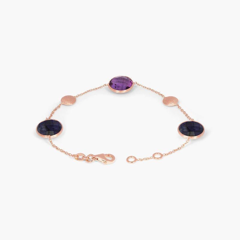 14K Satin Rose Gold Kensington Double Stone Bracelet in Sapphire and Amethyst In New Condition For Sale In Fulham business exchange, London