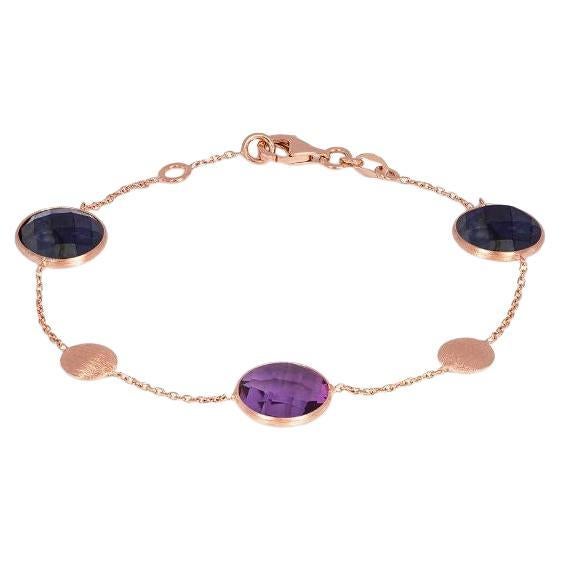 14K Satin Rose Gold Kensington Double Stone Bracelet in Sapphire and Amethyst For Sale