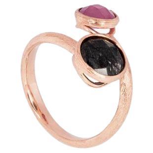 14K Satin Rose Gold Kensington Ring with Rutilated Quartz and Ruby Root, Size S For Sale