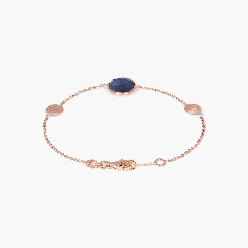 14k satin rose gold Kensington single stone bracelet in sapphire

This bracelet features a faceted stone set on a delicate chain. Each stone is bezel set and holds a unique meaning, with sapphire being the stone of joy and wisdom. This bracelet is