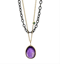 14K Set Amethyst Enhydro Tear Drop Power Necklace with Blackened Silver Chain