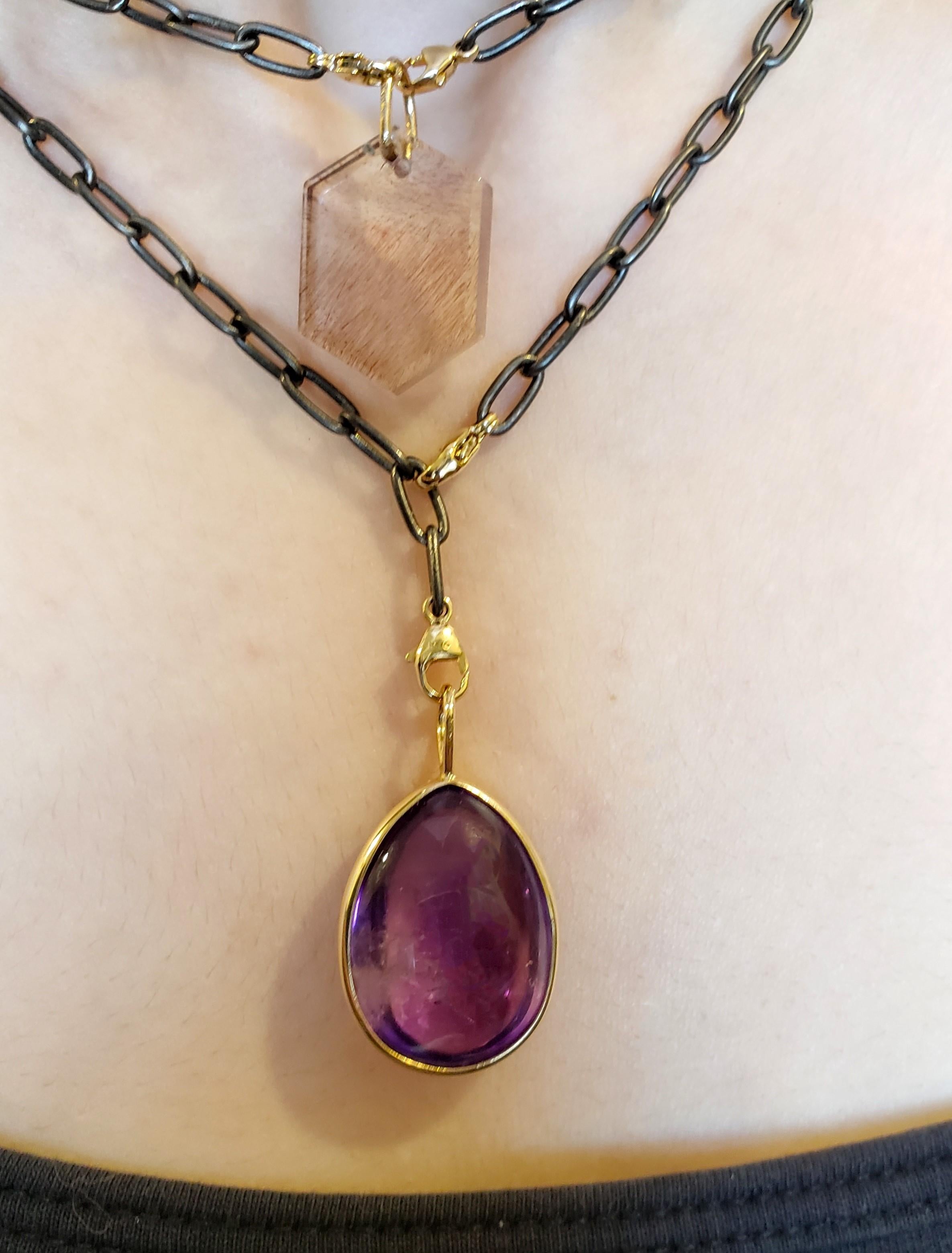 Contemporary 14K Set Amethyst Enhydro Tear Drop Power Necklace with Blackened Silver Chain For Sale