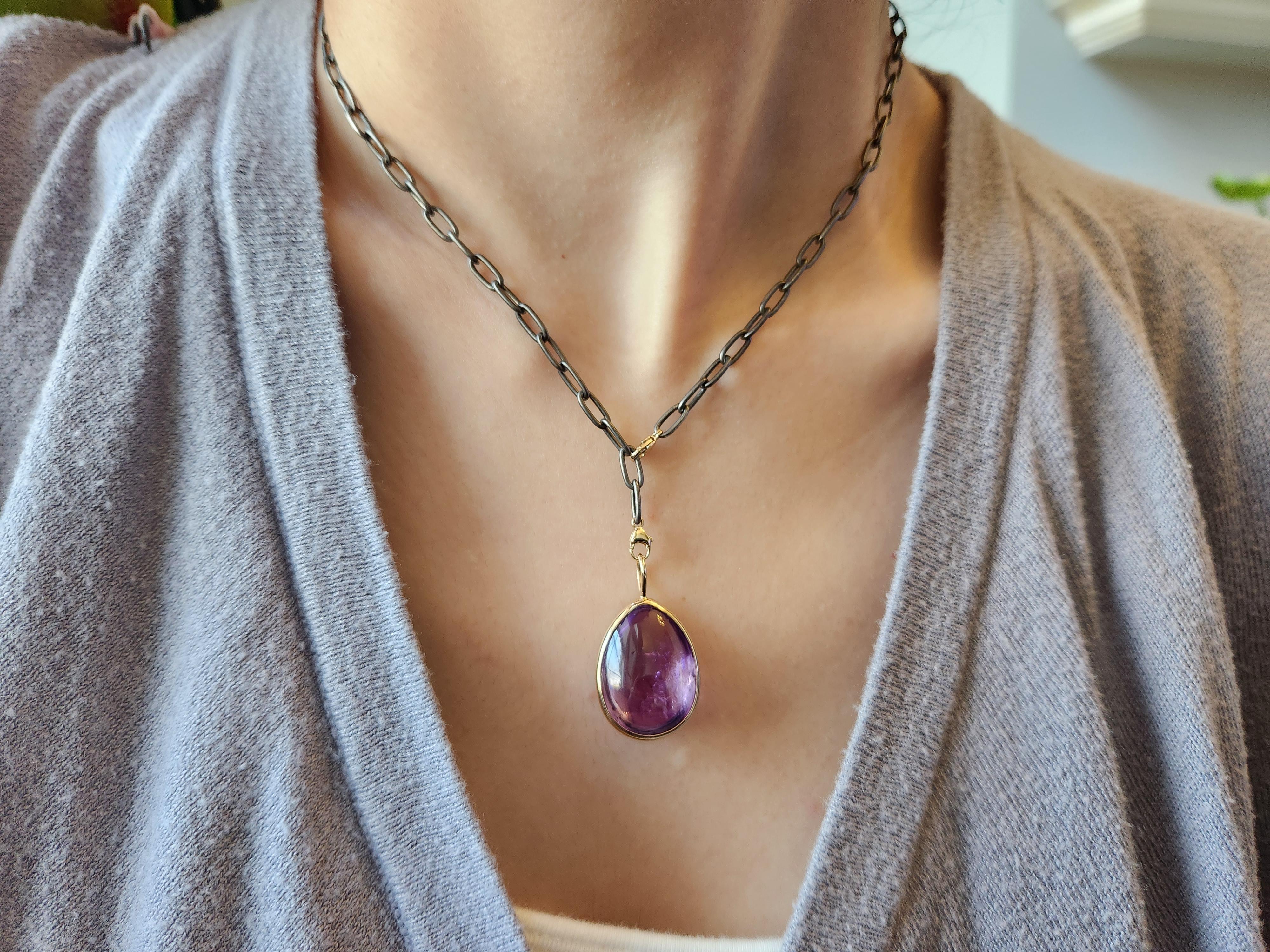 14K Set Amethyst Enhydro Tear Drop Power Necklace with Blackened Silver Chain In New Condition For Sale In Rutherford, NJ