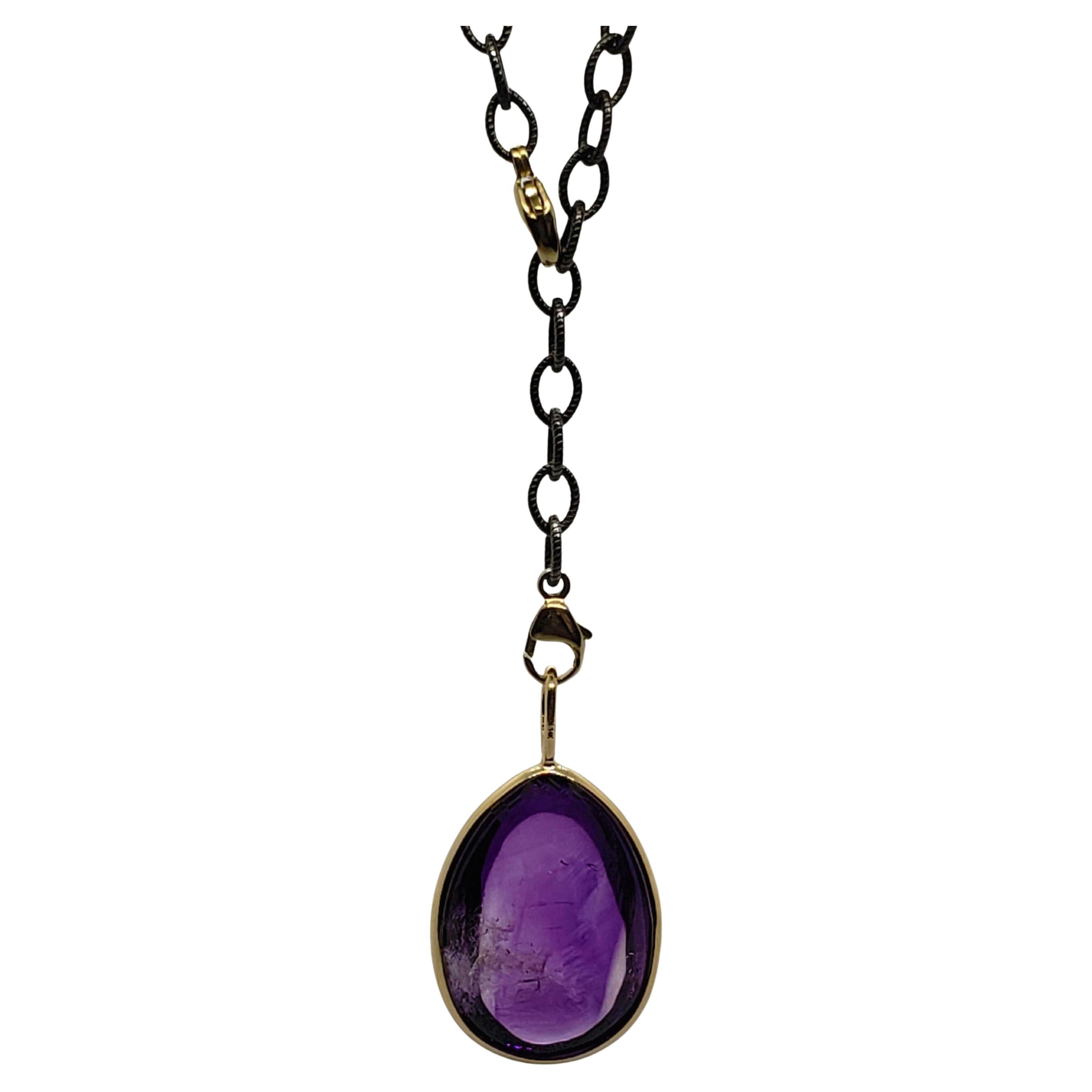 14K Set Amethyst Enhydro Tear Drop Power Necklace with Blackened Silver Chain For Sale