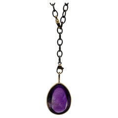 14K Set Amethyst Enhydro Tear Drop Power Necklace with Blackened Silver Chain