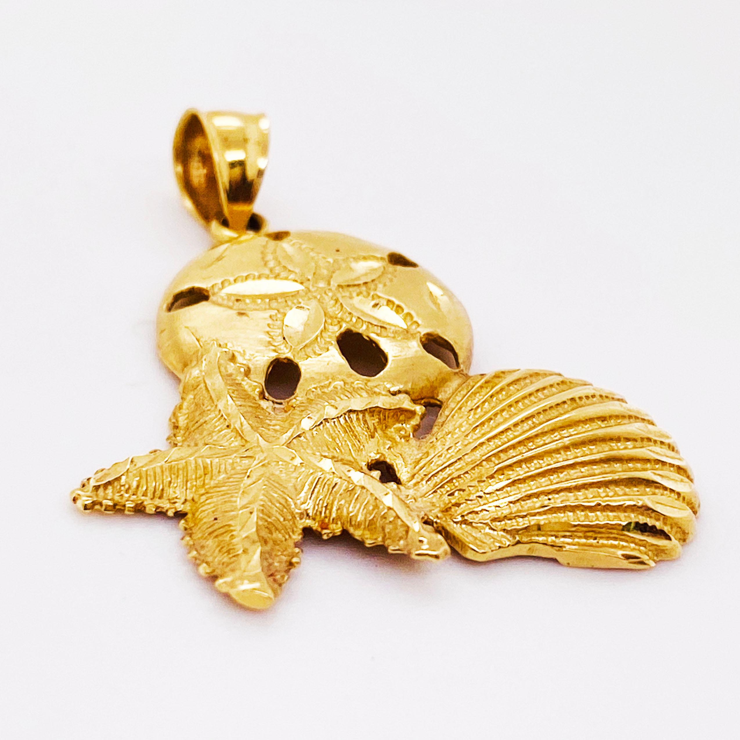 The 14 karat yellow gold pendant has a sand dollar, starfish, and shell design.  The beach design has the three images put together and they are diamond cut with a large bail.

14 karat yellow gold
4.74 grams
The pendant is 1.5 inches long without