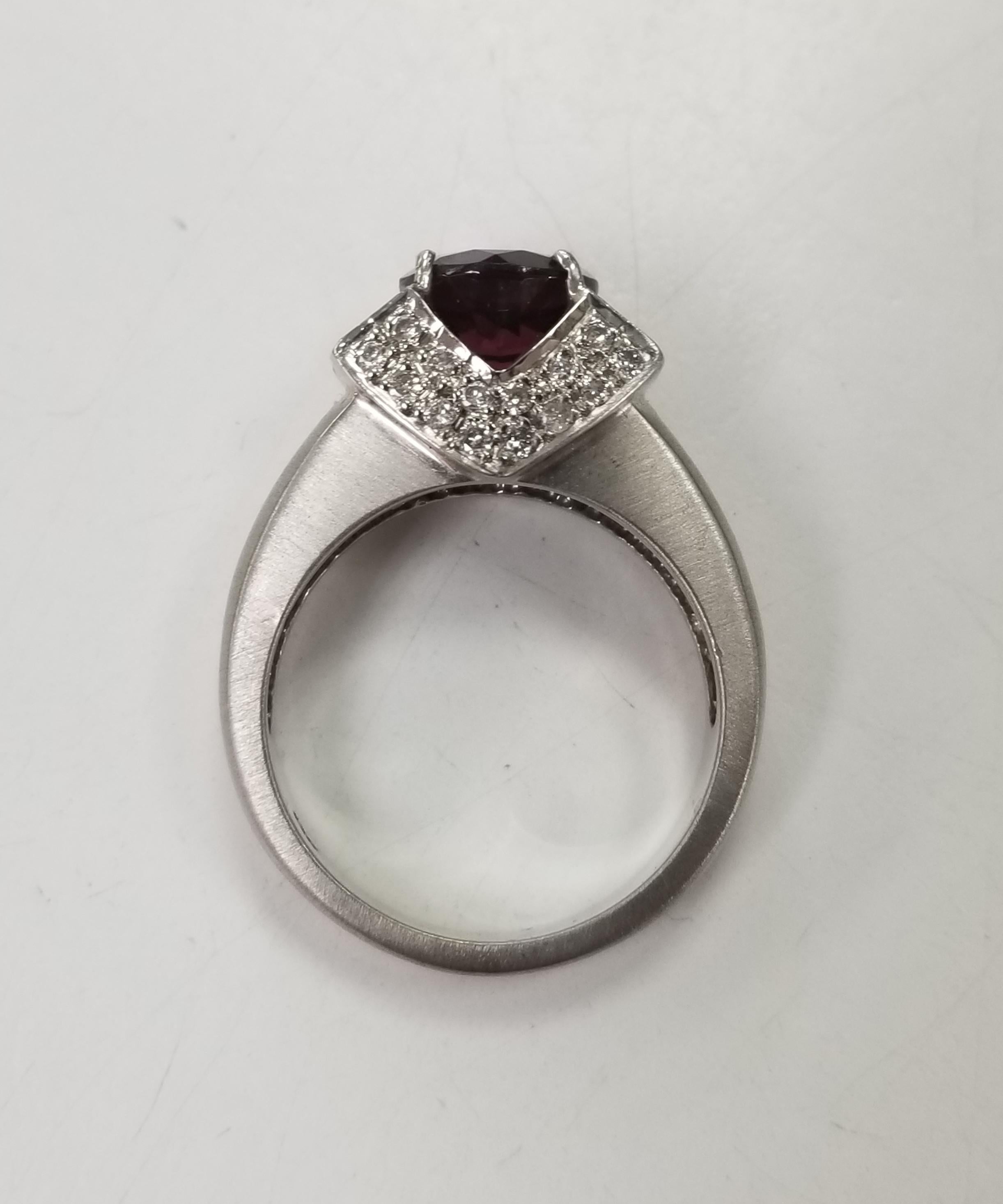 Round Cut 14k shite gold Rhodolite Garnet and Diamond Ring For Sale