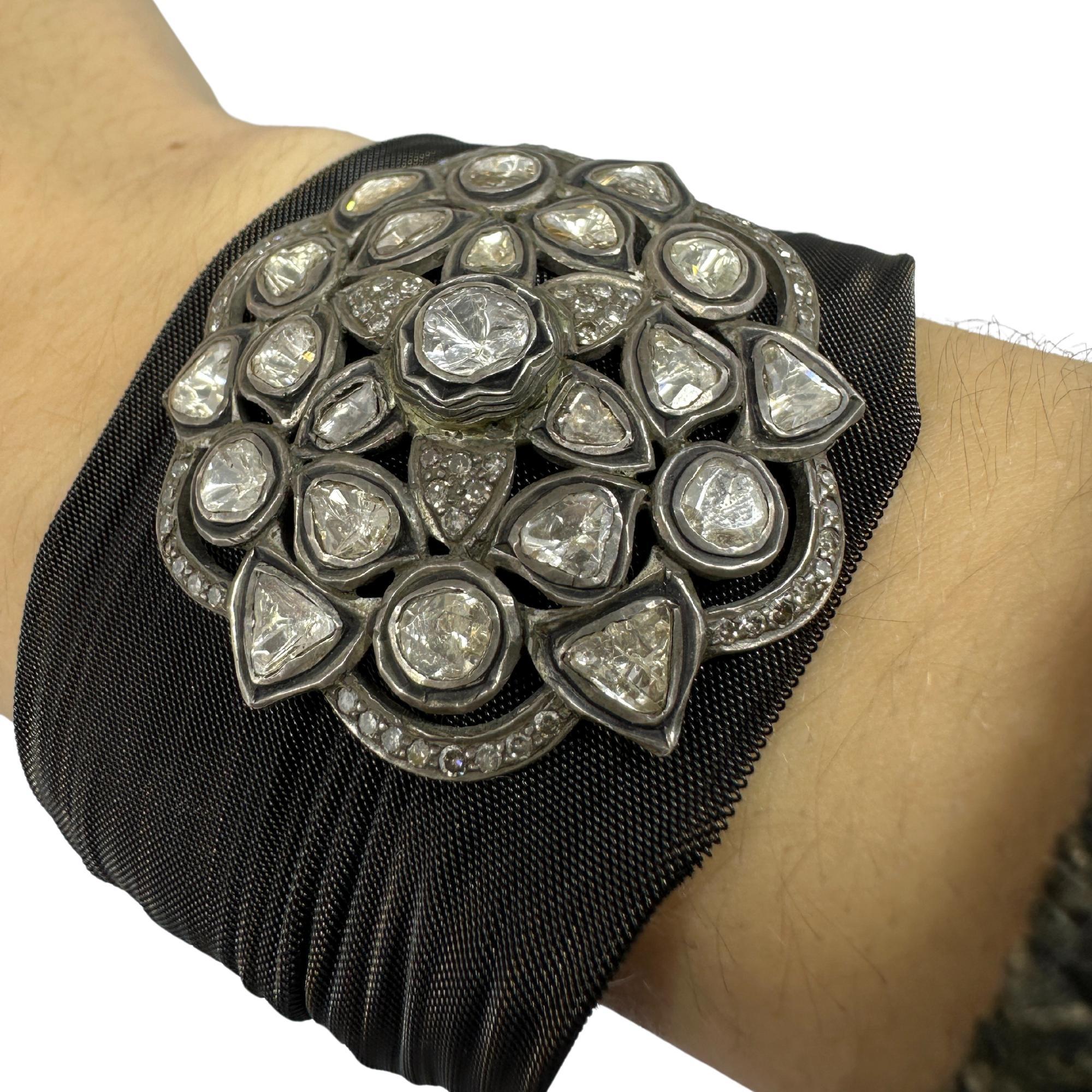 Bracciale con diamanti taglio rosa a maglie in argento, argento e acciaio annerito (14 carati) in vendita 4