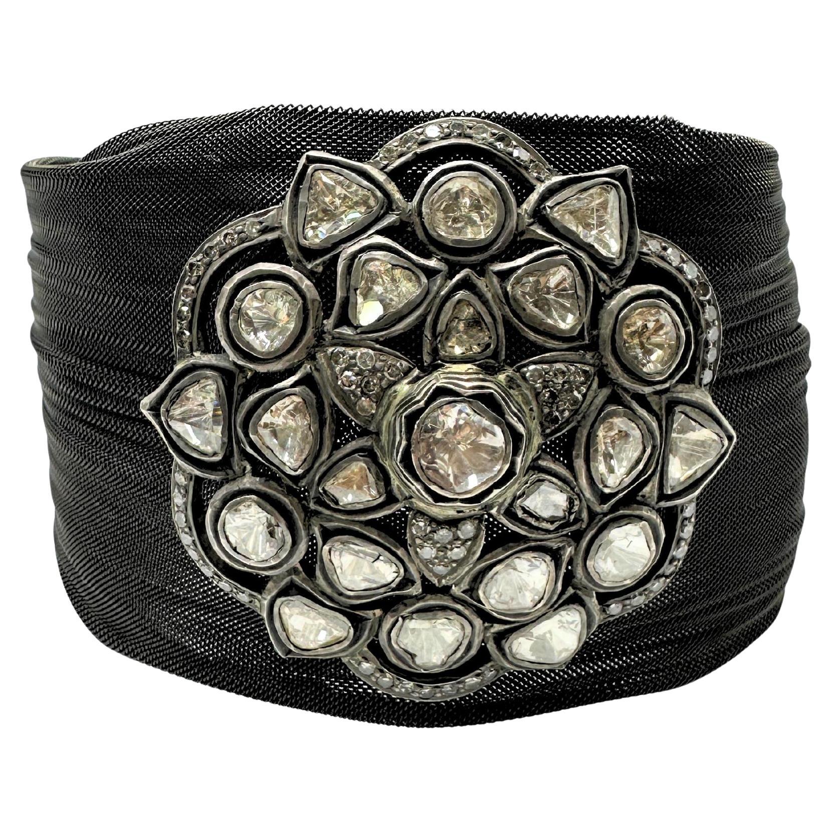 Bracciale con diamanti taglio rosa a maglie in argento, argento e acciaio annerito (14 carati) in vendita