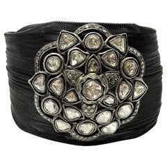 Pulsera de diamantes talla rosa en malla de 14 quilates, plata y acero ennegrecido