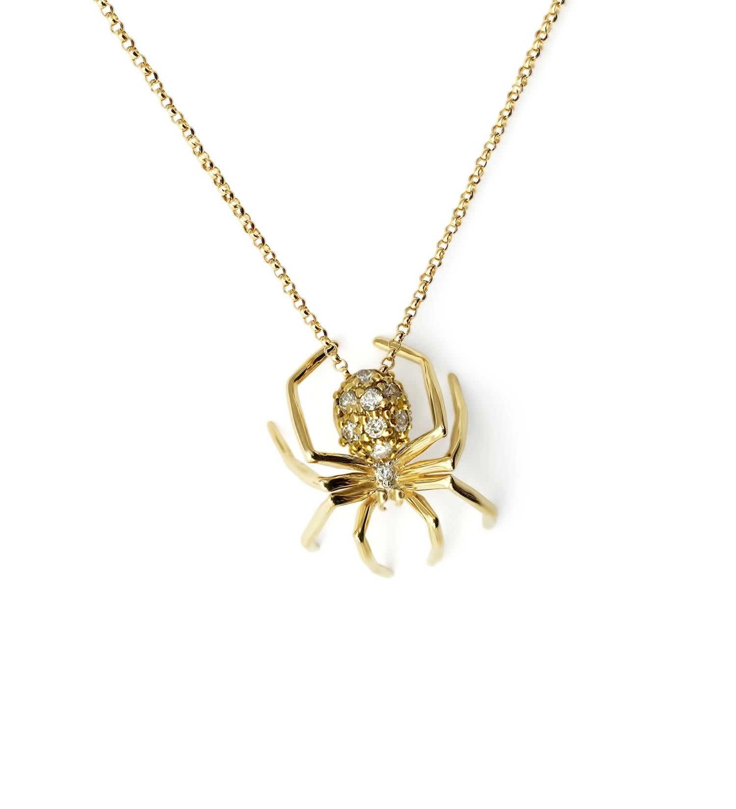 Artist 14k Yellow Gold Diamond Small Spider Pendant Necklace Jherwitt gift for her For Sale