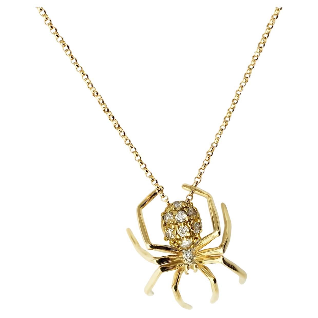 14k Yellow Gold Diamond Small Spider Pendant Necklace Jherwitt gift for her For Sale
