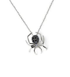 14k White Gold Black Rhodium Black Diamonds Small Spider Pendant Necklace