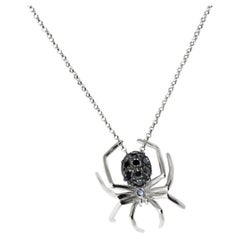 14k White Gold Black Rhodium Black Diamonds Small Spider Pendant Necklace 