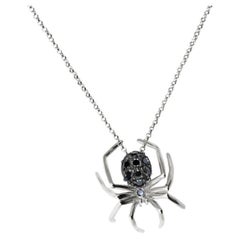 14k White Gold Black Rhodium Black Diamonds Small Spider Pendant Necklace