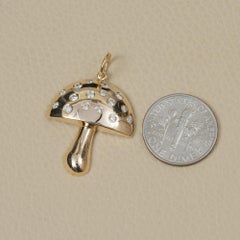 14K Solid Gold 0.35 Ct Diamond Mushroom Charm Pendant Whimsical Fine Jewelry