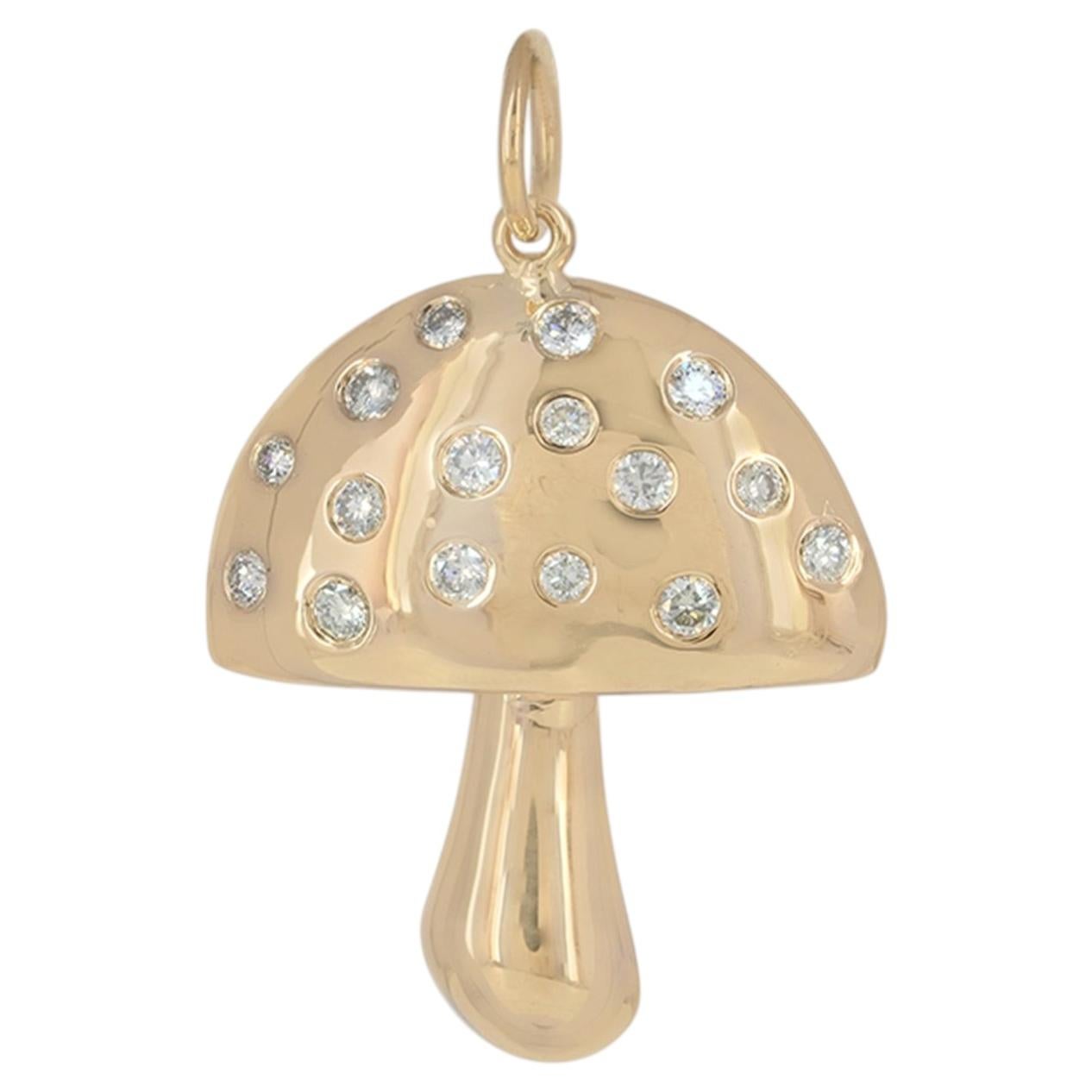14K Solid Gold 0.35 Ct Diamond Mushroom Charm Pendant Whimsical Fine Jewelry For Sale