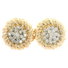 14k Solid Gold 0.75ct Diamond Cluster Center Spiral Fluted Frame Button Earrings