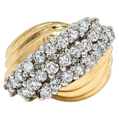14k Solid Gold 0.85ctw Diamond Diagonal 3 Row Grooved Wide Band Ring