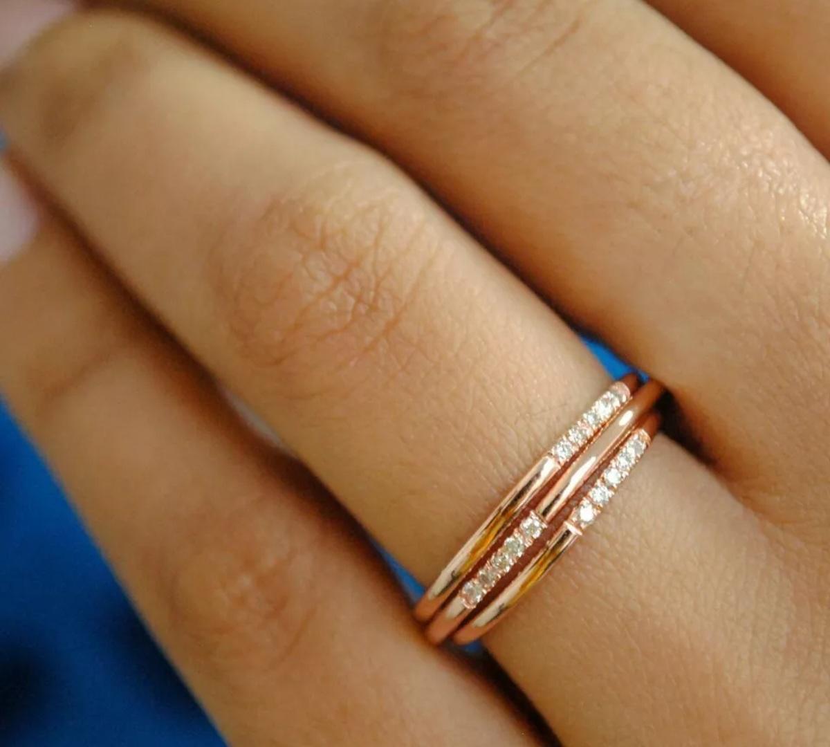 Art Deco 14k Solid Gold 1mm Dainty Band Diamond Thin Skinny Wedding Band Stack Ring Gift. For Sale