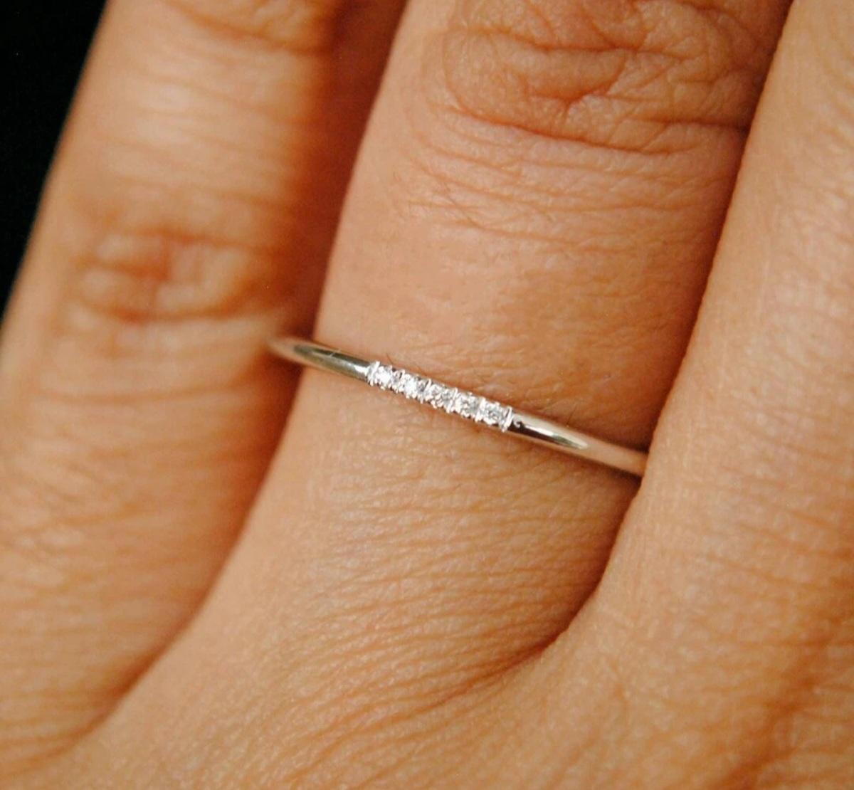 14k Solid Gold 1mm Dainty Band Diamond Thin Skinny Wedding Band Stack Ring Gift. For Sale 1