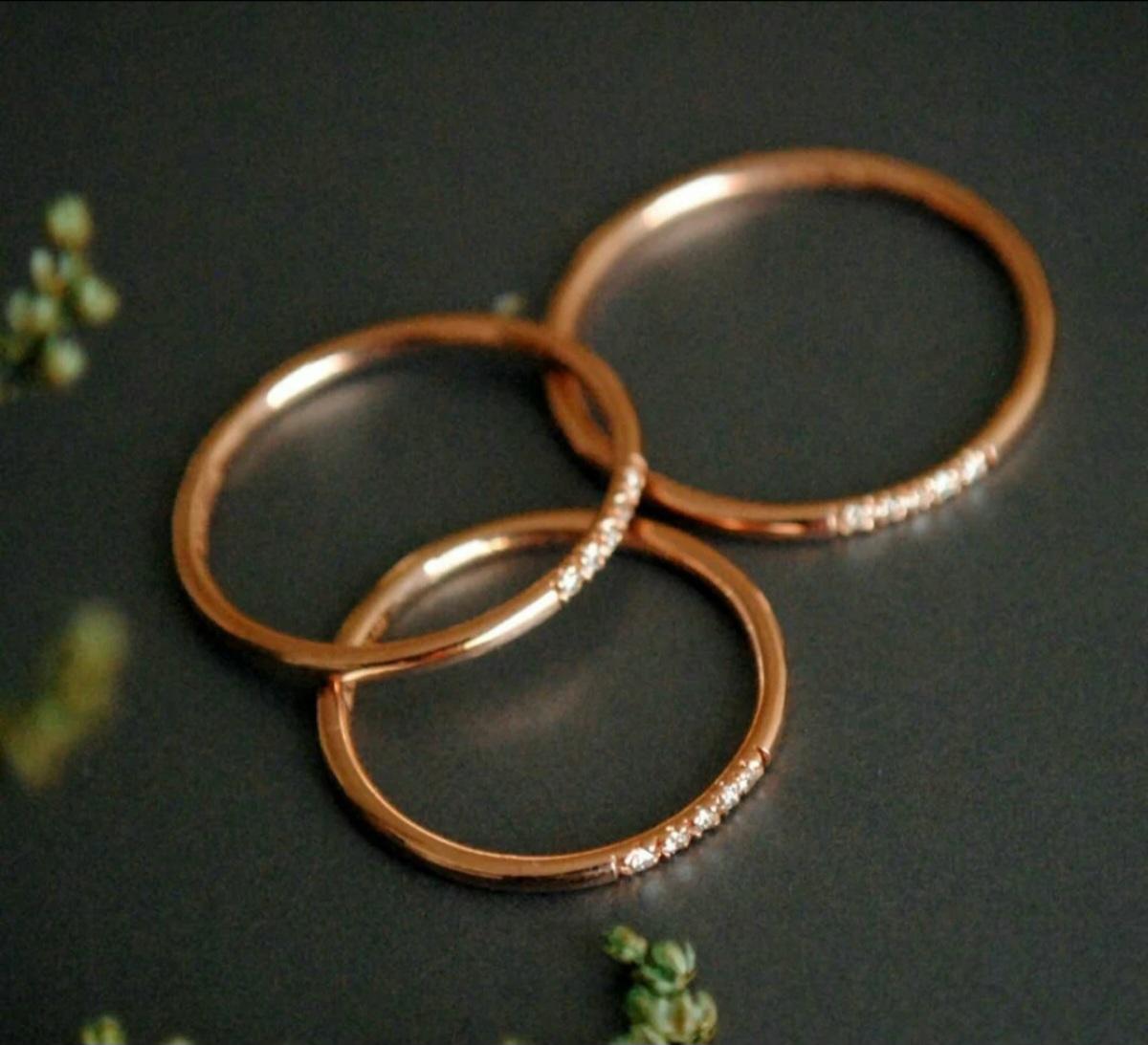 14k Solid Gold 1mm Dainty Band Diamond Thin Skinny Wedding Band Stack Ring Gift. For Sale 2