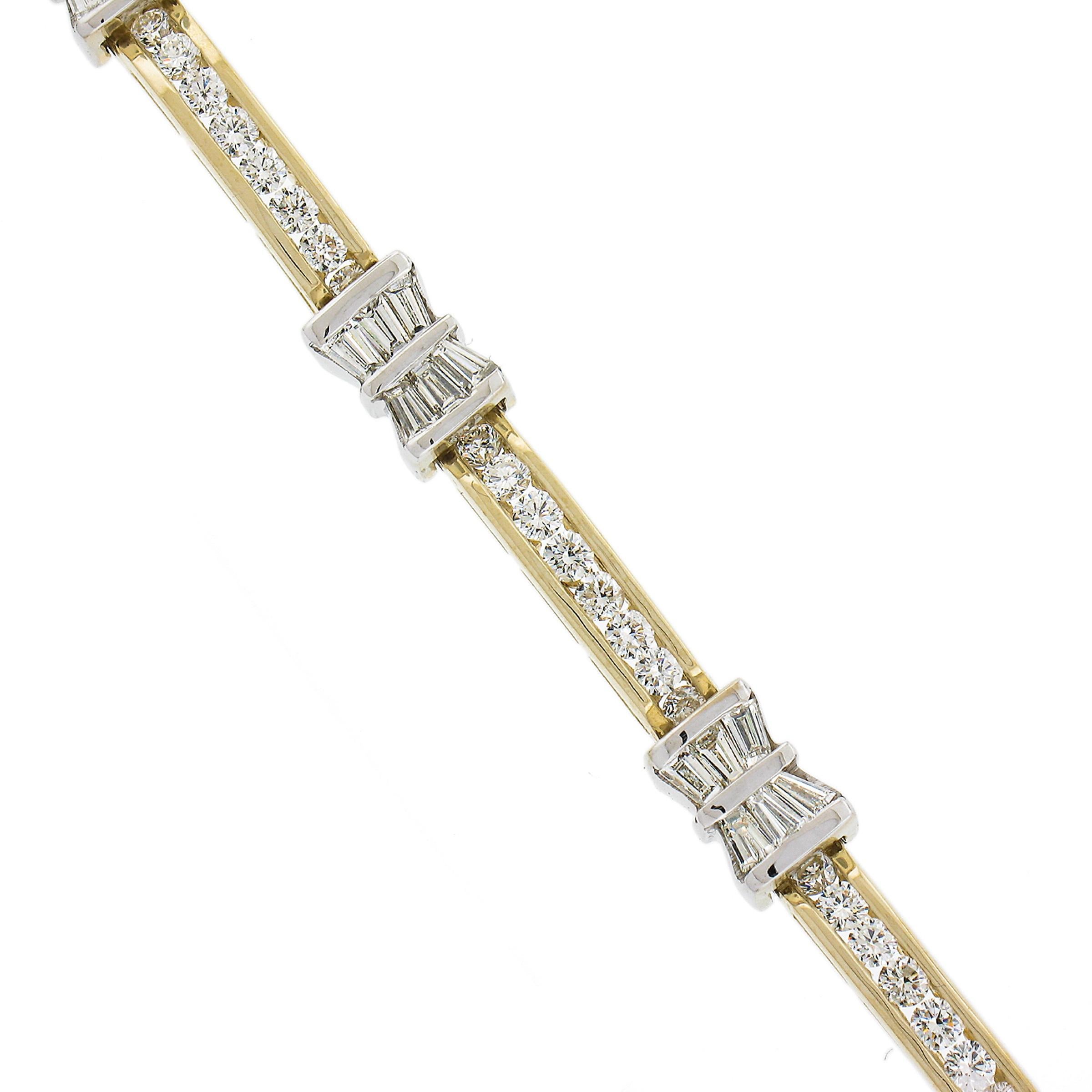 Women's 14K Solid Gold 4.68ctw Baguette & Round Diamond Fiery Line Tennis Bracelet For Sale