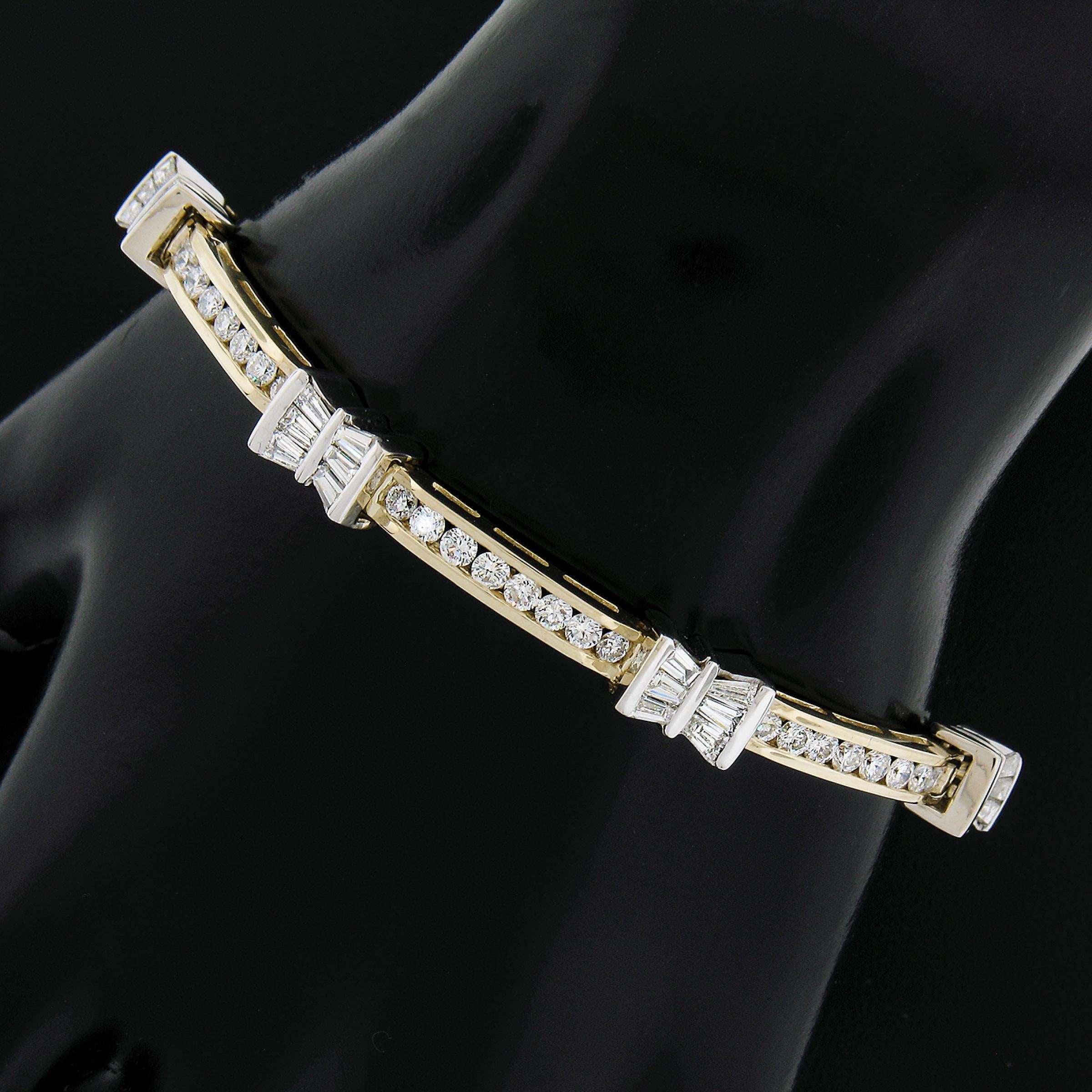 14K Solid Gold 4.68ctw Baguette & Round Diamond Fiery Line Tennis Bracelet For Sale 3