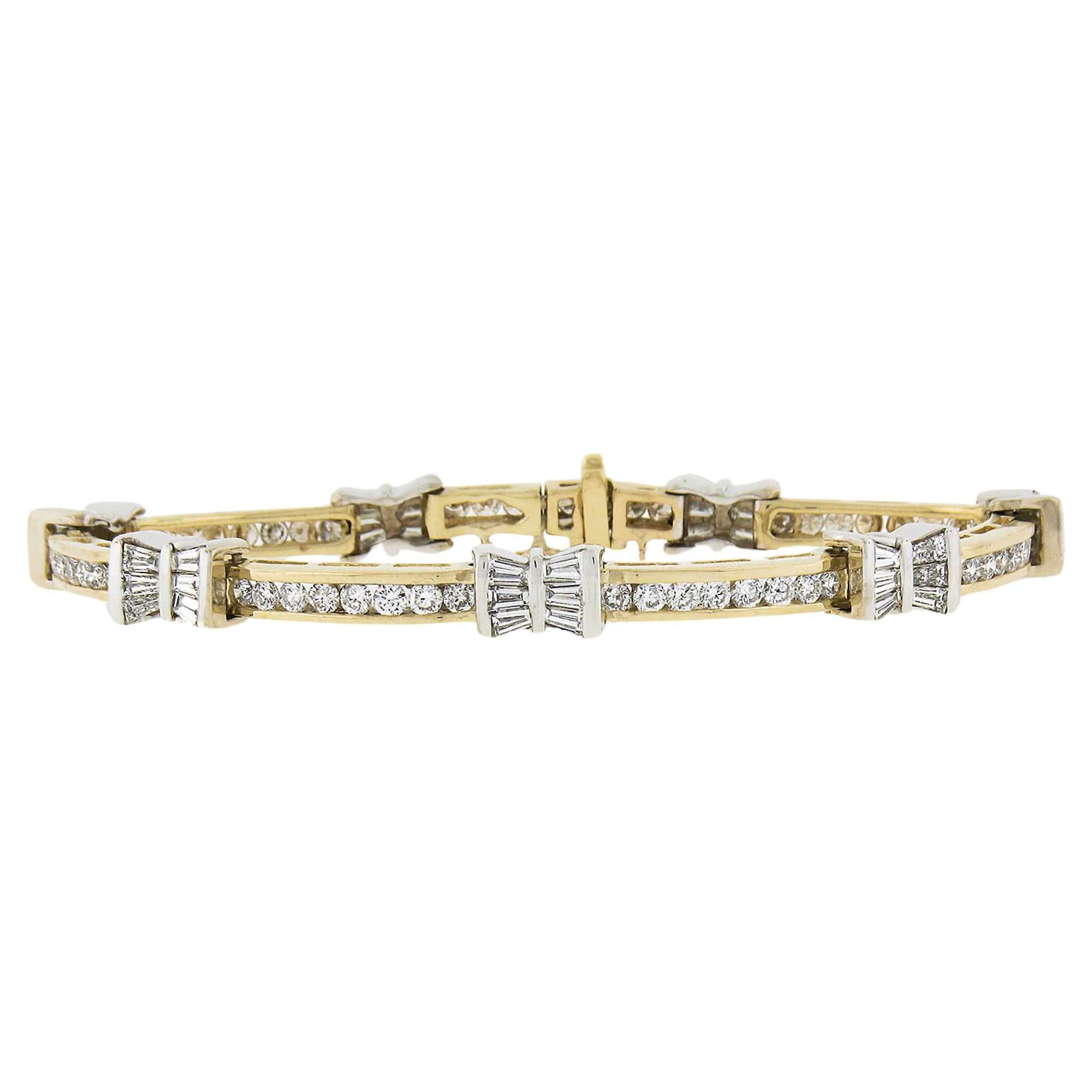 Bracciale tennis in oro massiccio 14K con diamanti tondi e baguette da 4,68 ct.