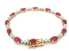 14k Solid Gold 8.4ctw Alternating Oval Vibrant Red Ruby & Diamond Line Bracelet